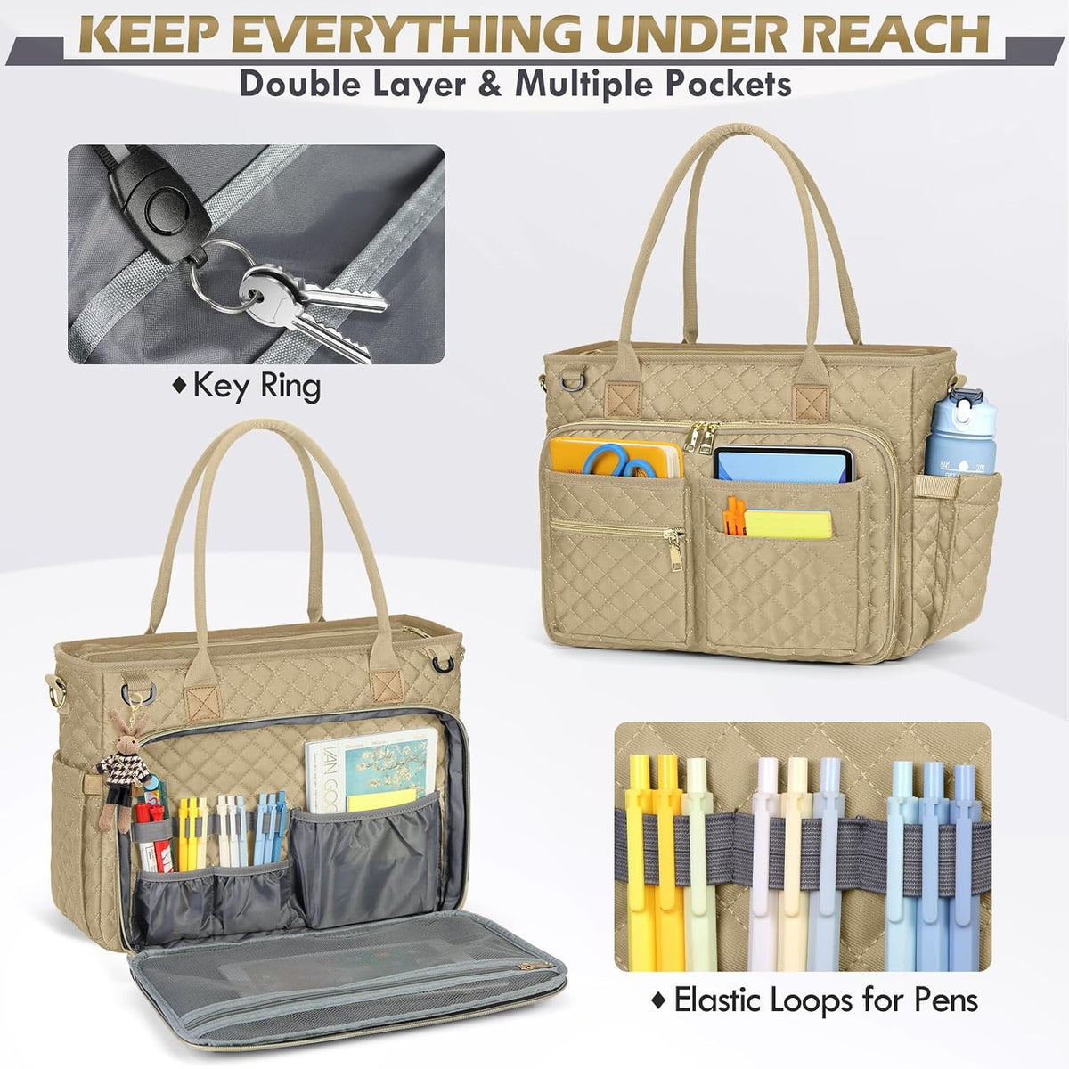 Teacher Tote Bag 15.6 inch Laptop Bag for Women Work Bags Laptop Tote Nurse Bag Professional Computer Messenger with Insulated Pocket, Laptop Briefcase for Office, College, Nursing, Khkai
