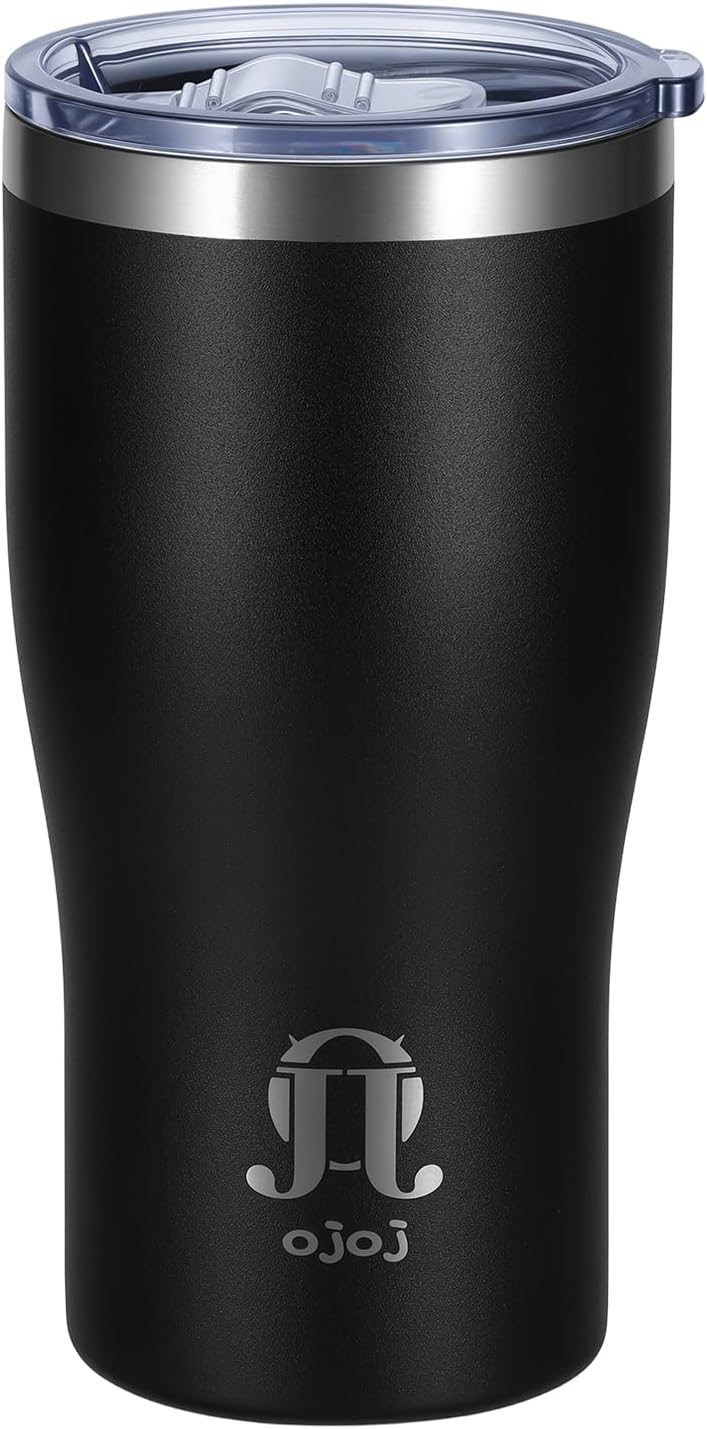 OJOJ 20oz Double Wall Vacuum Insulated Stainless Steel Travel Mug, Ceramic Lined Coffee Cup, Reusable Tumbler with Cleaning Brush.