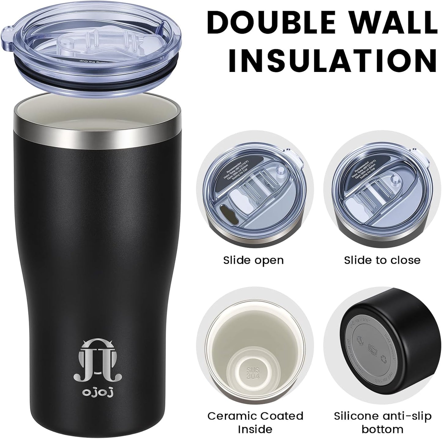 OJOJ 20oz Double Wall Vacuum Insulated Stainless Steel Travel Mug, Ceramic Lined Coffee Cup, Reusable Tumbler with Cleaning Brush.