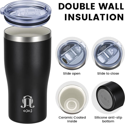 OJOJ 20oz Double Wall Vacuum Insulated Stainless Steel Travel Mug, Ceramic Lined Coffee Cup, Reusable Tumbler with Cleaning Brush.