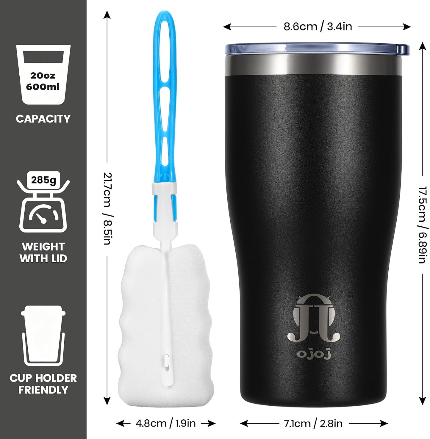 OJOJ 20oz Double Wall Vacuum Insulated Stainless Steel Travel Mug, Ceramic Lined Coffee Cup, Reusable Tumbler with Cleaning Brush.