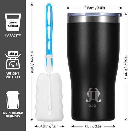OJOJ 20oz Double Wall Vacuum Insulated Stainless Steel Travel Mug, Ceramic Lined Coffee Cup, Reusable Tumbler with Cleaning Brush.