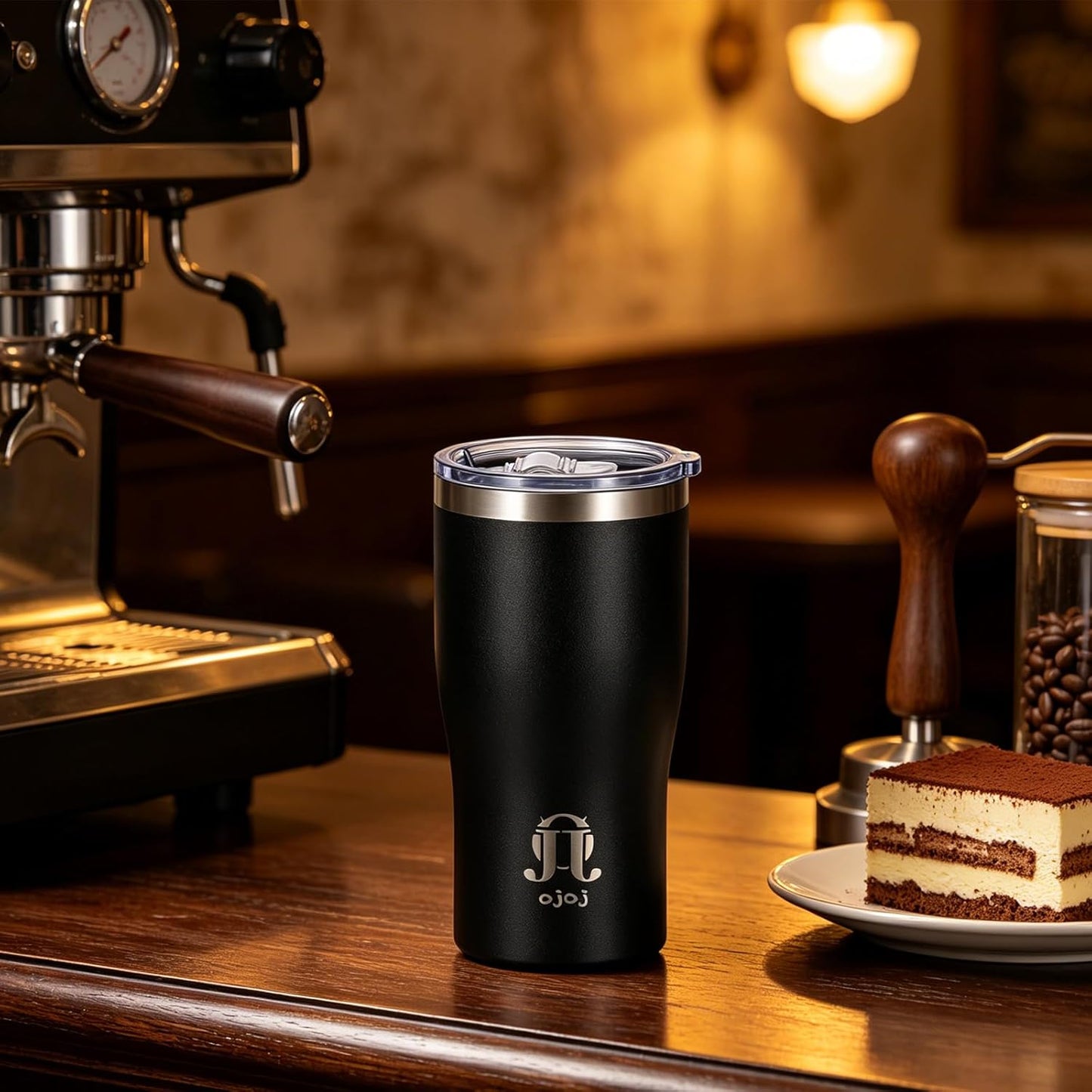 OJOJ 20oz Double Wall Vacuum Insulated Stainless Steel Travel Mug, Ceramic Lined Coffee Cup, Reusable Tumbler with Cleaning Brush.