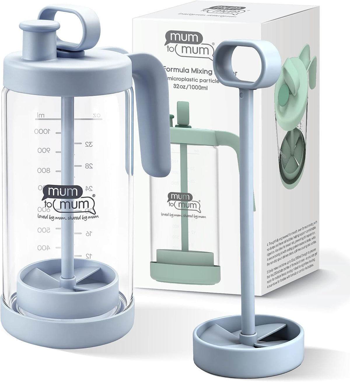 MUM TO MUM 32oz Glass Formula Mixing Pitcher, Microplastic-Free BPA Free Leak-Proof Breastmilk Storage Container, Heat & Cold Resistant Borosilicate Glass with Silicone Seal (Light blue)