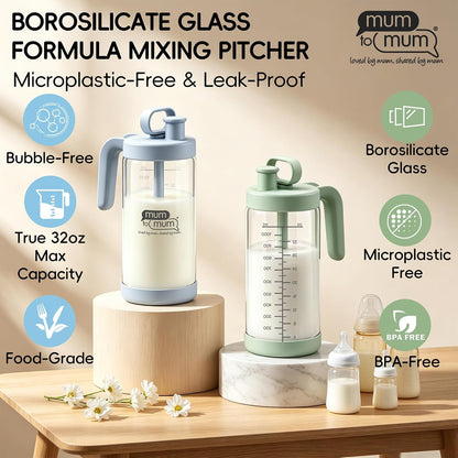 MUM TO MUM 32oz Glass Formula Mixing Pitcher, Microplastic-Free BPA Free Leak-Proof Breastmilk Storage Container, Heat & Cold Resistant Borosilicate Glass with Silicone Seal (Light blue)