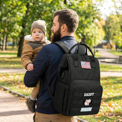 Diaper Bag Backpack for Dad and Mom with USB Charging Port Stroller Straps and Insulated Pocket,army military Travel Nappy Backpack for Daddy/Mommy (Black)