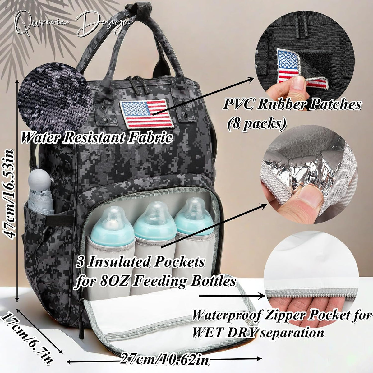 Diaper Bag Backpack for Dad and Mom with USB Charging Port Stroller Straps and Insulated Pocket,army military Travel Nappy Backpack for Daddy/Mommy (Black)