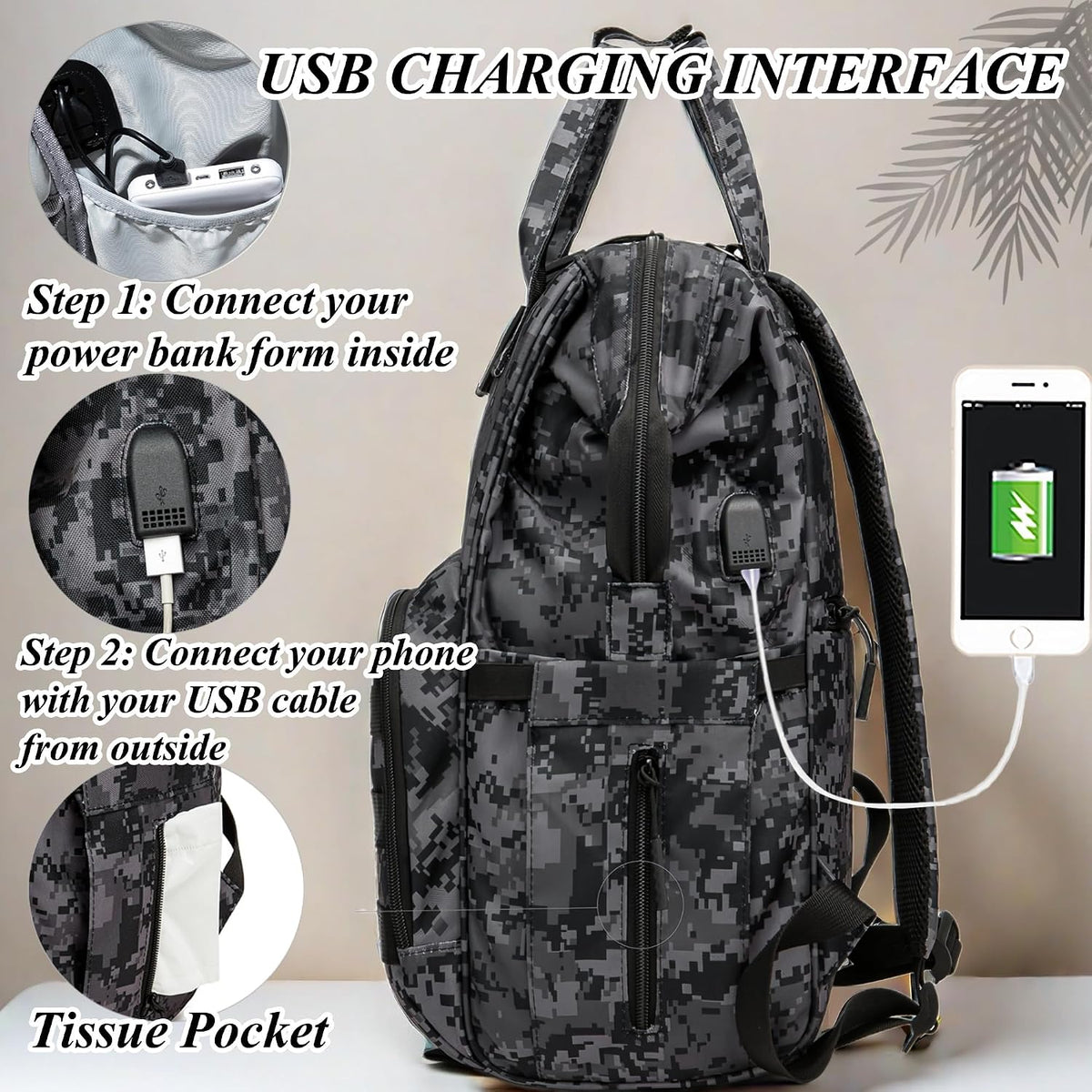 Diaper Bag Backpack for Dad and Mom with USB Charging Port Stroller Straps and Insulated Pocket,army military Travel Nappy Backpack for Daddy/Mommy (Black)