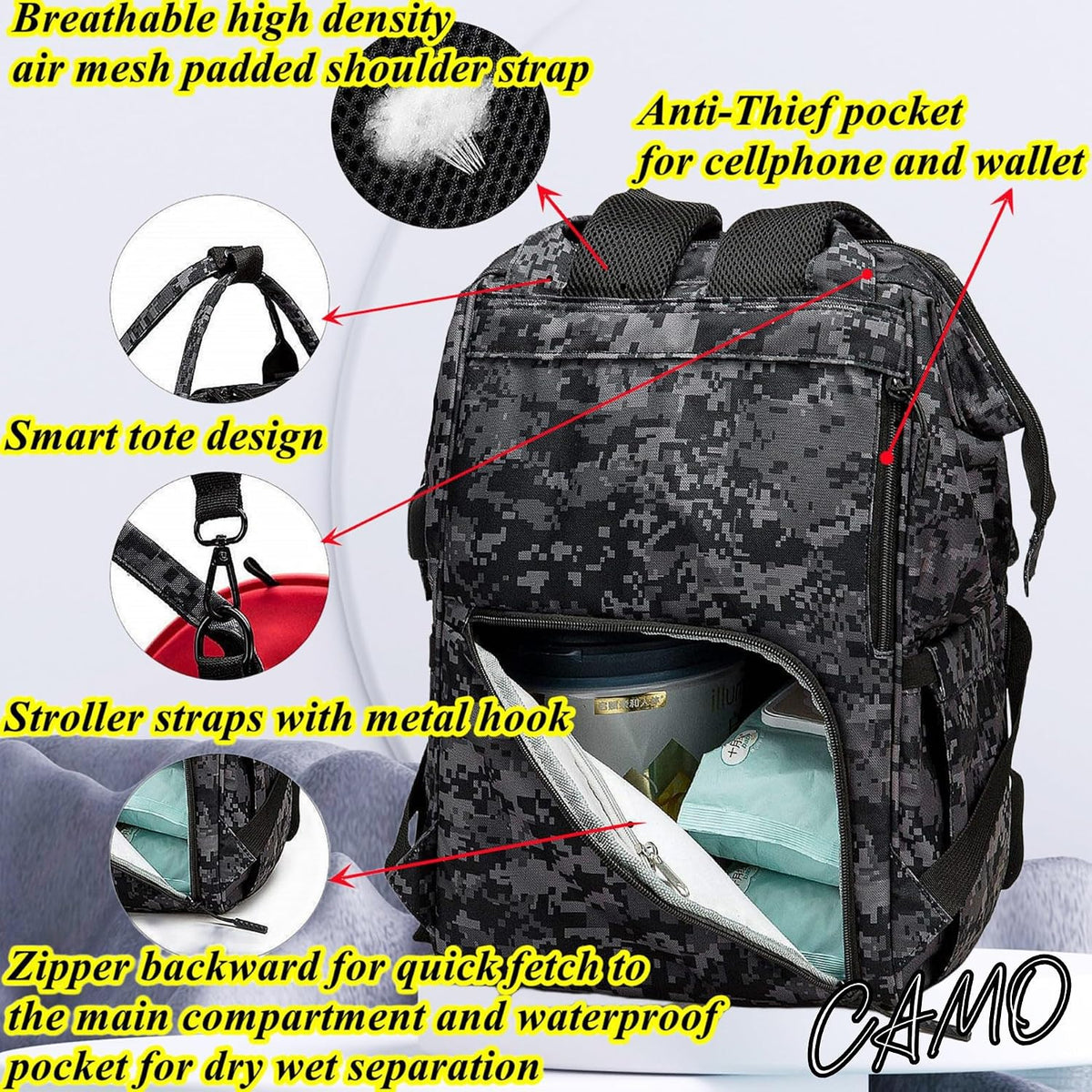 Diaper Bag Backpack for Dad and Mom with USB Charging Port Stroller Straps and Insulated Pocket,army military Travel Nappy Backpack for Daddy/Mommy (Black)