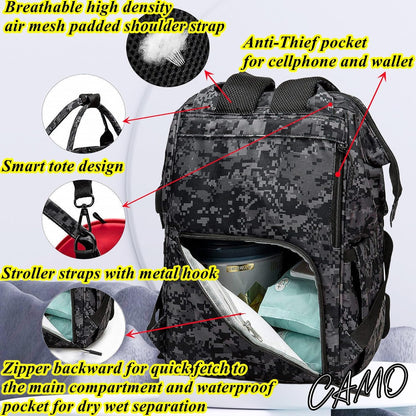 Diaper Bag Backpack for Dad and Mom with USB Charging Port Stroller Straps and Insulated Pocket,army military Travel Nappy Backpack for Daddy/Mommy (Black)