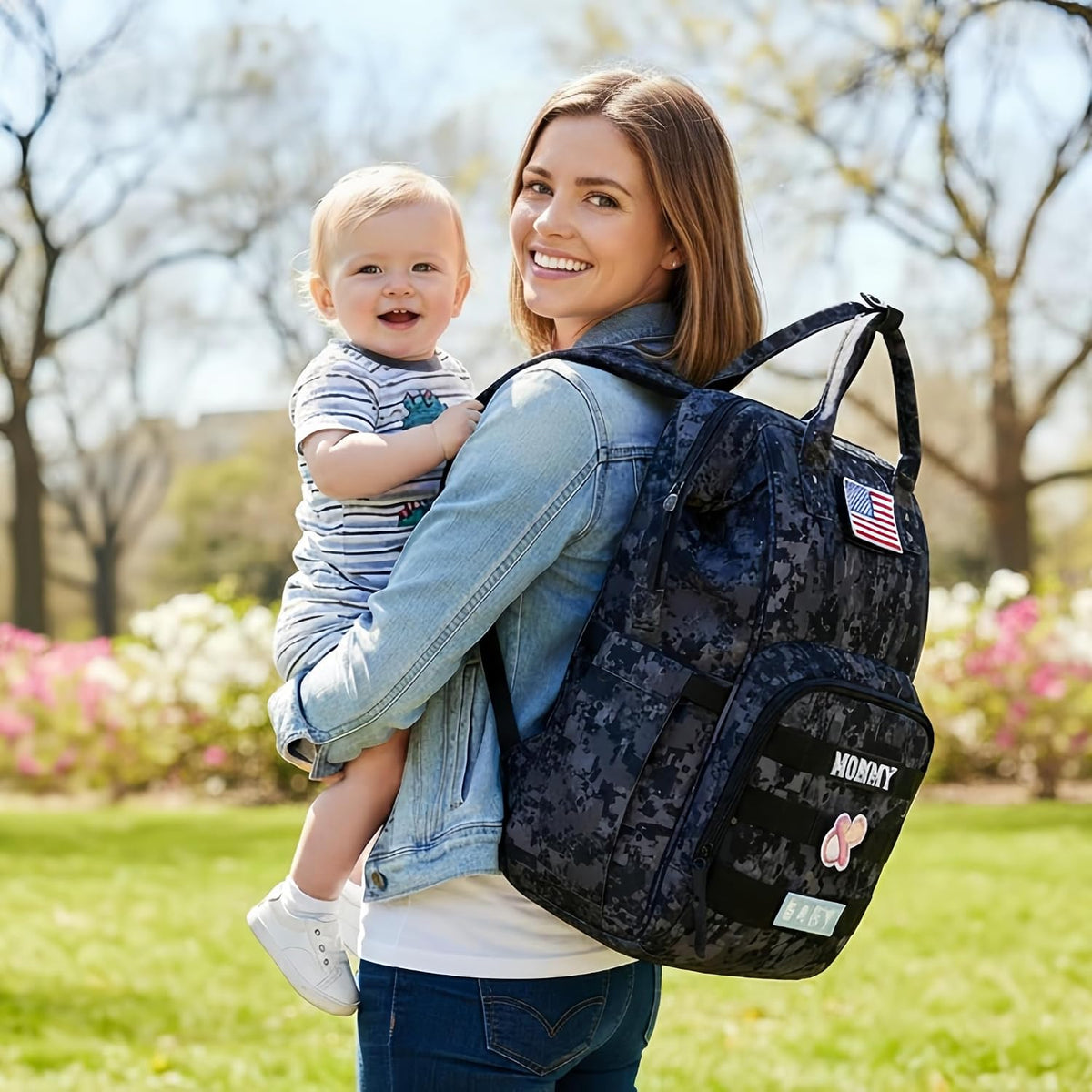 Diaper Bag Backpack for Dad and Mom with USB Charging Port Stroller Straps and Insulated Pocket,army military Travel Nappy Backpack for Daddy/Mommy (Black)
