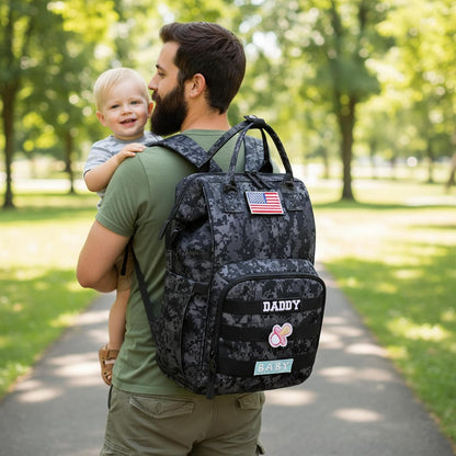Diaper Bag Backpack for Dad and Mom with USB Charging Port Stroller Straps and Insulated Pocket,army military Travel Nappy Backpack for Daddy/Mommy (Black)