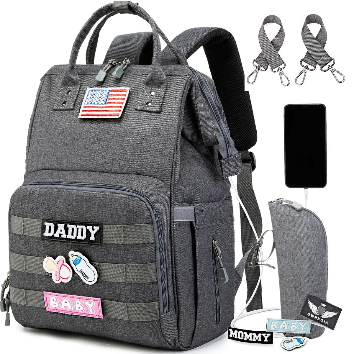 Diaper Bag Backpack for Dad and Mom with USB Charging Port Stroller Straps and Insulated Pocket,army military Travel Nappy Backpack for Daddy/Mommy (Black)