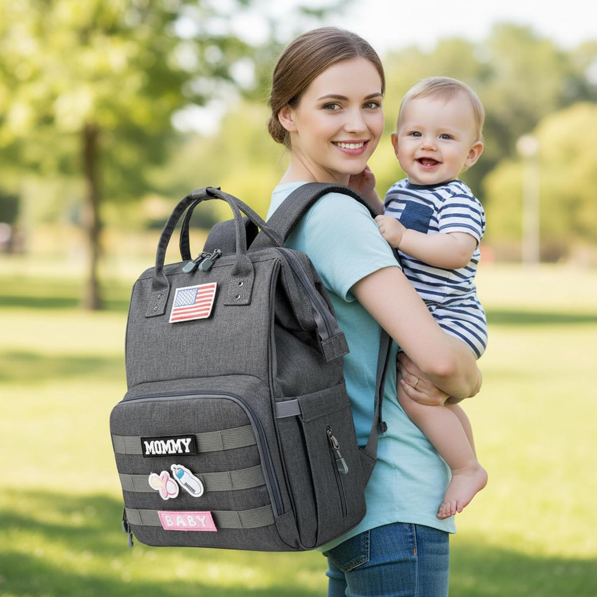 Diaper Bag Backpack for Dad and Mom with USB Charging Port Stroller Straps and Insulated Pocket,army military Travel Nappy Backpack for Daddy/Mommy (Black)
