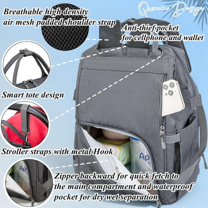 Diaper Bag Backpack for Dad and Mom with USB Charging Port Stroller Straps and Insulated Pocket,army military Travel Nappy Backpack for Daddy/Mommy (Black)