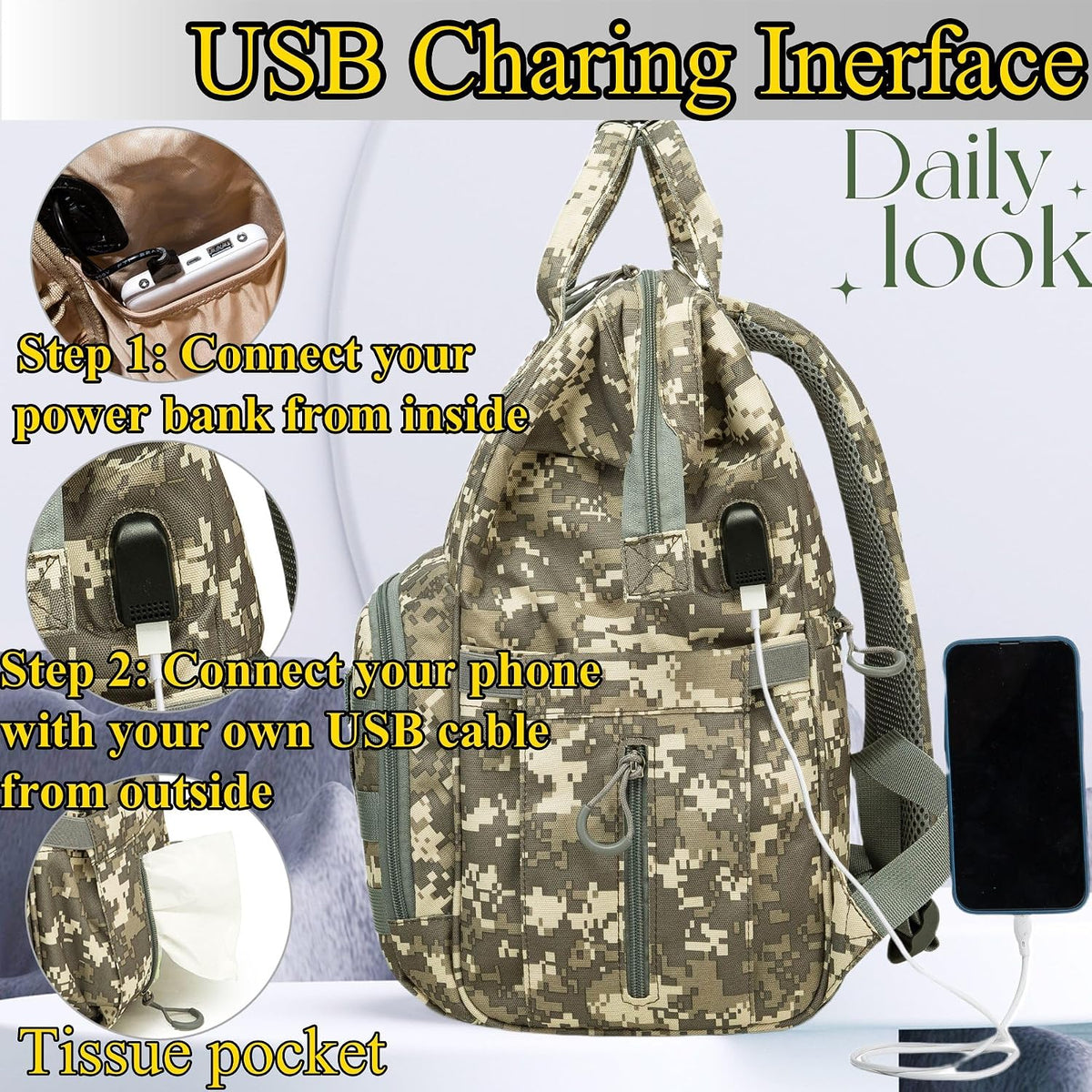 Diaper Bag Backpack for Dad and Mom with USB Charging Port Stroller Straps and Insulated Pocket,army military Travel Nappy Backpack for Daddy/Mommy (Black)