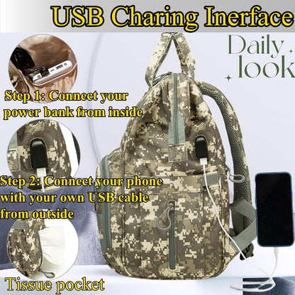 Diaper Bag Backpack for Dad and Mom with USB Charging Port Stroller Straps and Insulated Pocket,army military Travel Nappy Backpack for Daddy/Mommy (Black)