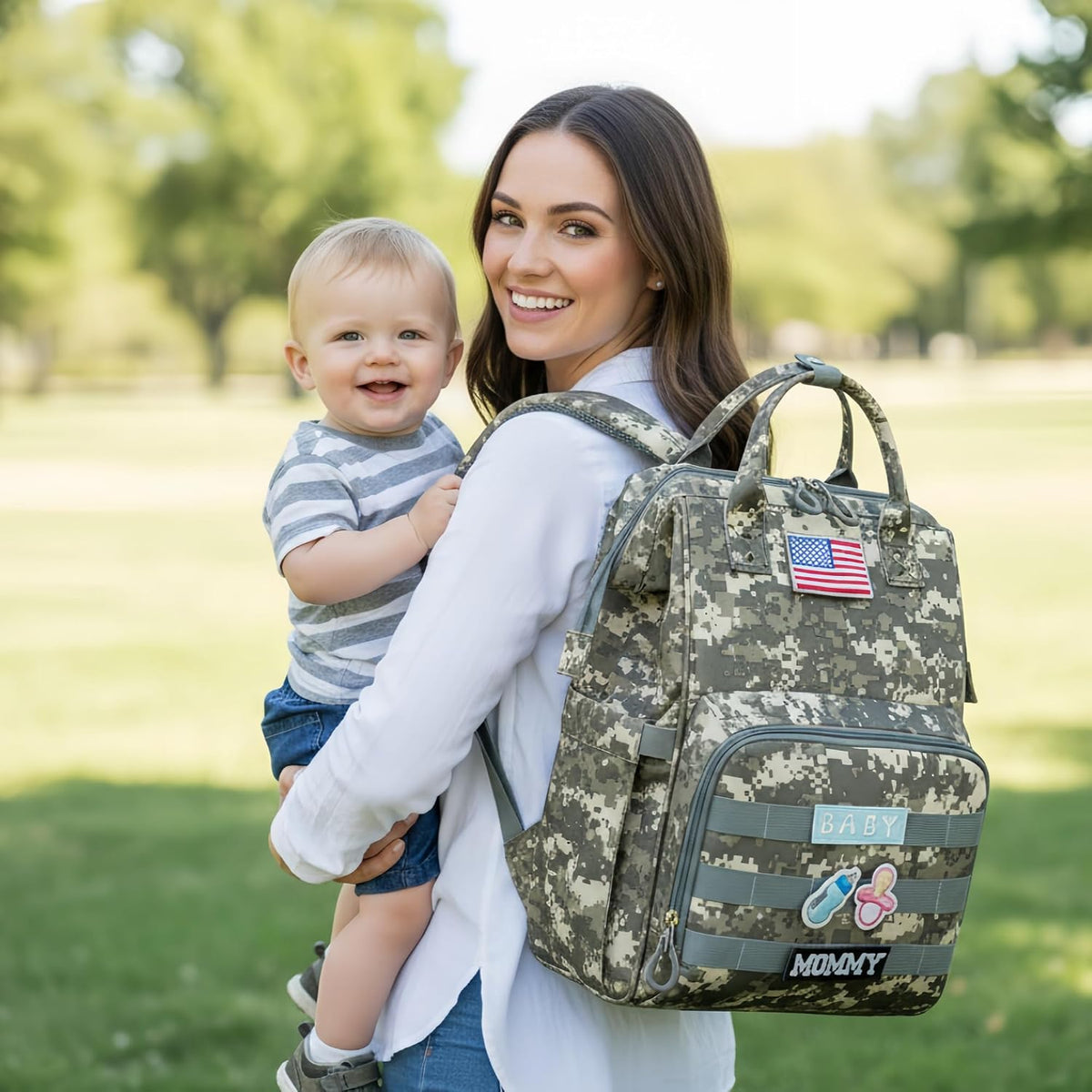 Diaper Bag Backpack for Dad and Mom with USB Charging Port Stroller Straps and Insulated Pocket,army military Travel Nappy Backpack for Daddy/Mommy (Black)