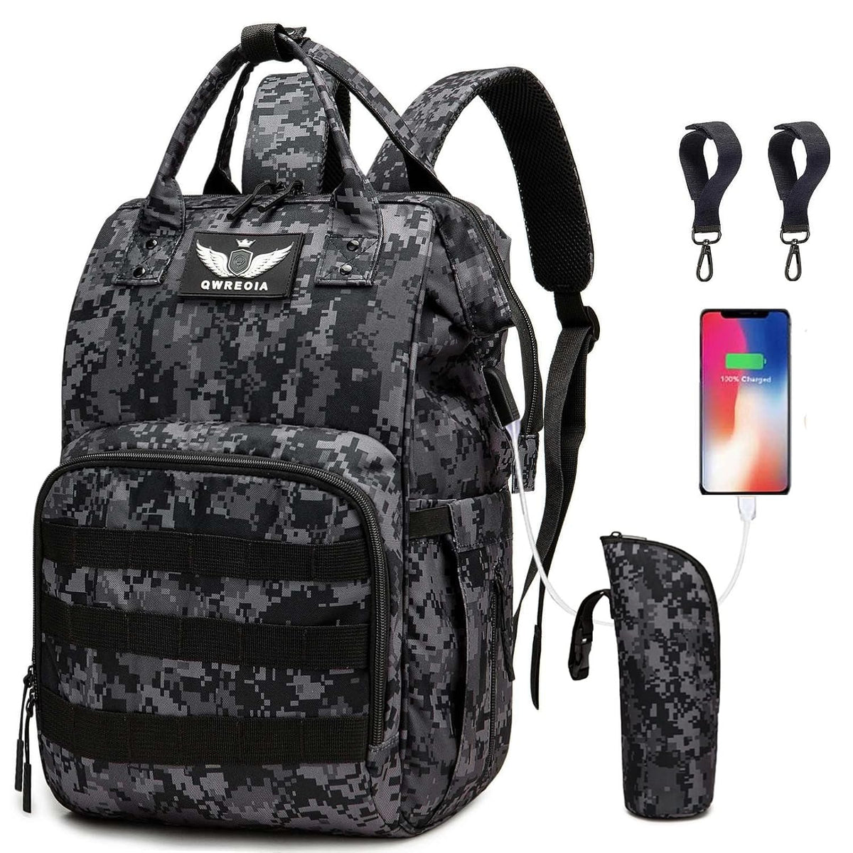 Diaper Bag Backpack for Dad and Mom with USB Charging Port Stroller Straps and Insulated Pocket,army military Travel Nappy Backpack for Daddy/Mommy (Black)