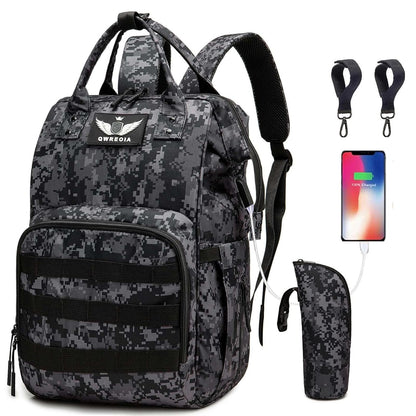 Diaper Bag Backpack for Dad and Mom with USB Charging Port Stroller Straps and Insulated Pocket,army military Travel Nappy Backpack for Daddy/Mommy (Black)