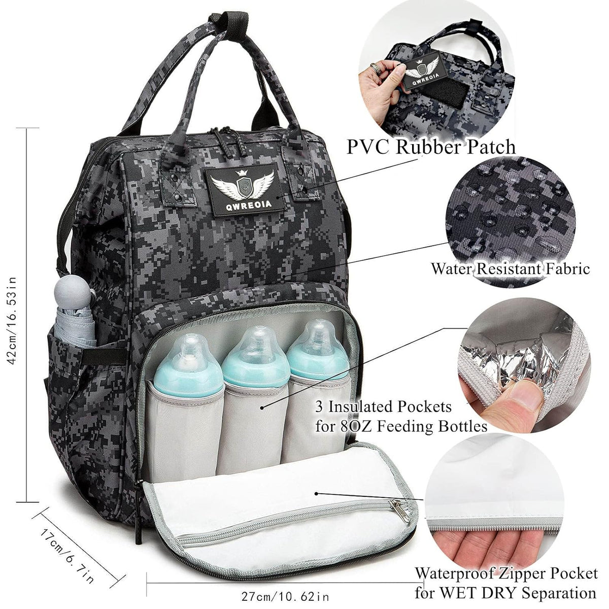 Diaper Bag Backpack for Dad and Mom with USB Charging Port Stroller Straps and Insulated Pocket,army military Travel Nappy Backpack for Daddy/Mommy (Black)