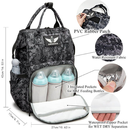 Diaper Bag Backpack for Dad and Mom with USB Charging Port Stroller Straps and Insulated Pocket,army military Travel Nappy Backpack for Daddy/Mommy (Black)