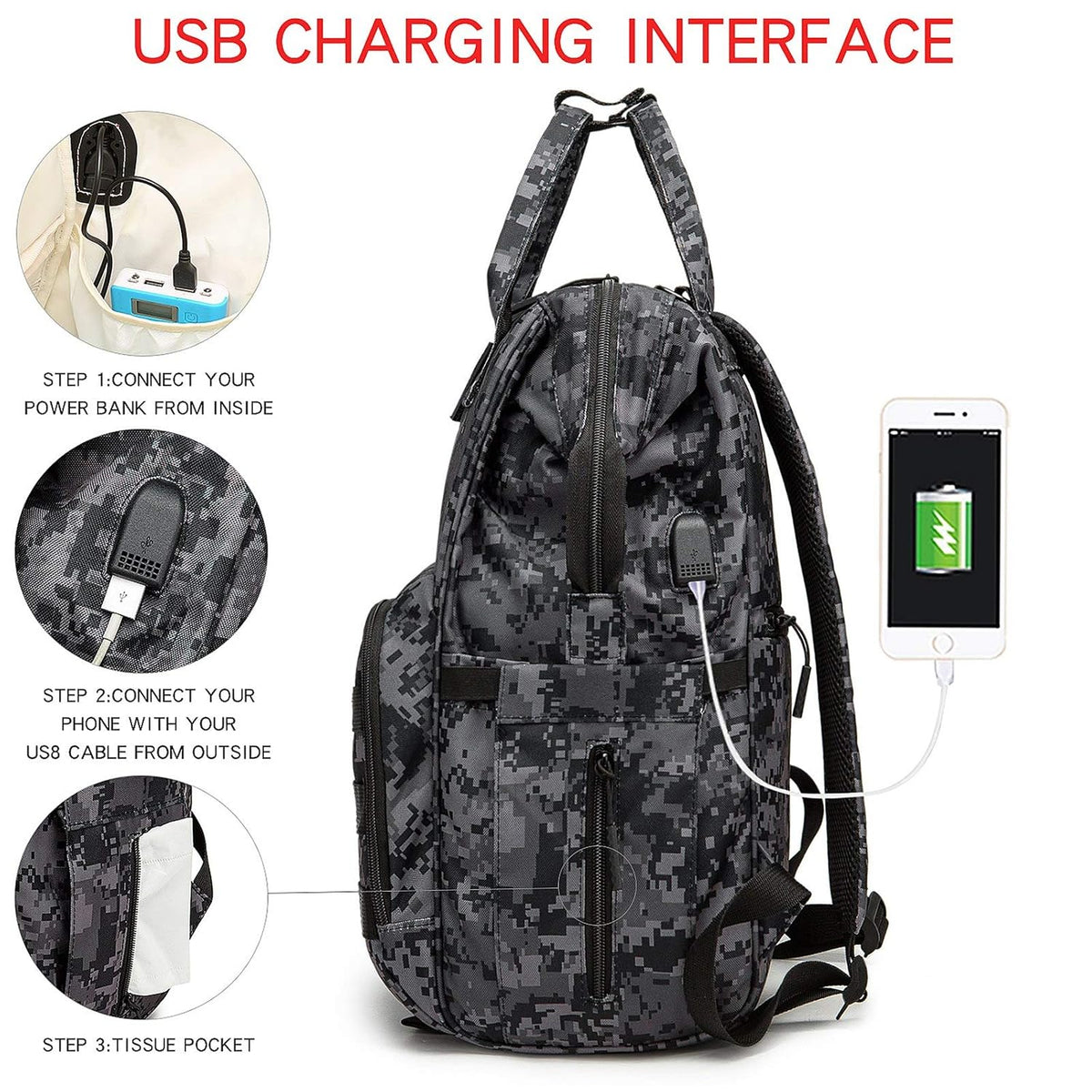Diaper Bag Backpack for Dad and Mom with USB Charging Port Stroller Straps and Insulated Pocket,army military Travel Nappy Backpack for Daddy/Mommy (Black)