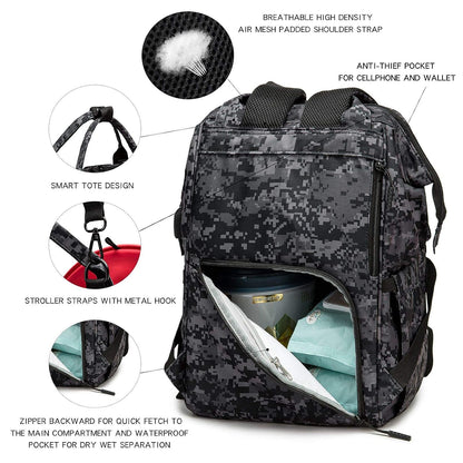 Diaper Bag Backpack for Dad and Mom with USB Charging Port Stroller Straps and Insulated Pocket,army military Travel Nappy Backpack for Daddy/Mommy (Black)