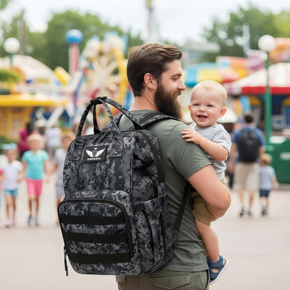 Diaper Bag Backpack for Dad and Mom with USB Charging Port Stroller Straps and Insulated Pocket,army military Travel Nappy Backpack for Daddy/Mommy (Black)