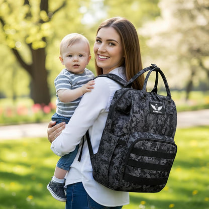 Diaper Bag Backpack for Dad and Mom with USB Charging Port Stroller Straps and Insulated Pocket,army military Travel Nappy Backpack for Daddy/Mommy (Black)