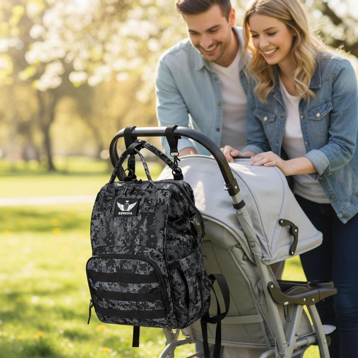 Diaper Bag Backpack for Dad and Mom with USB Charging Port Stroller Straps and Insulated Pocket,army military Travel Nappy Backpack for Daddy/Mommy (Black)