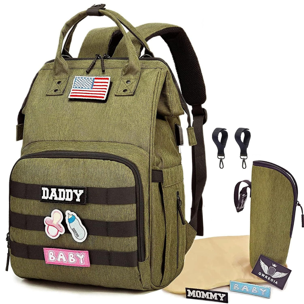 Diaper Bag Backpack for Dad and Mom with USB Charging Port Stroller Straps and Insulated Pocket,army military Travel Nappy Backpack for Daddy/Mommy (Black)