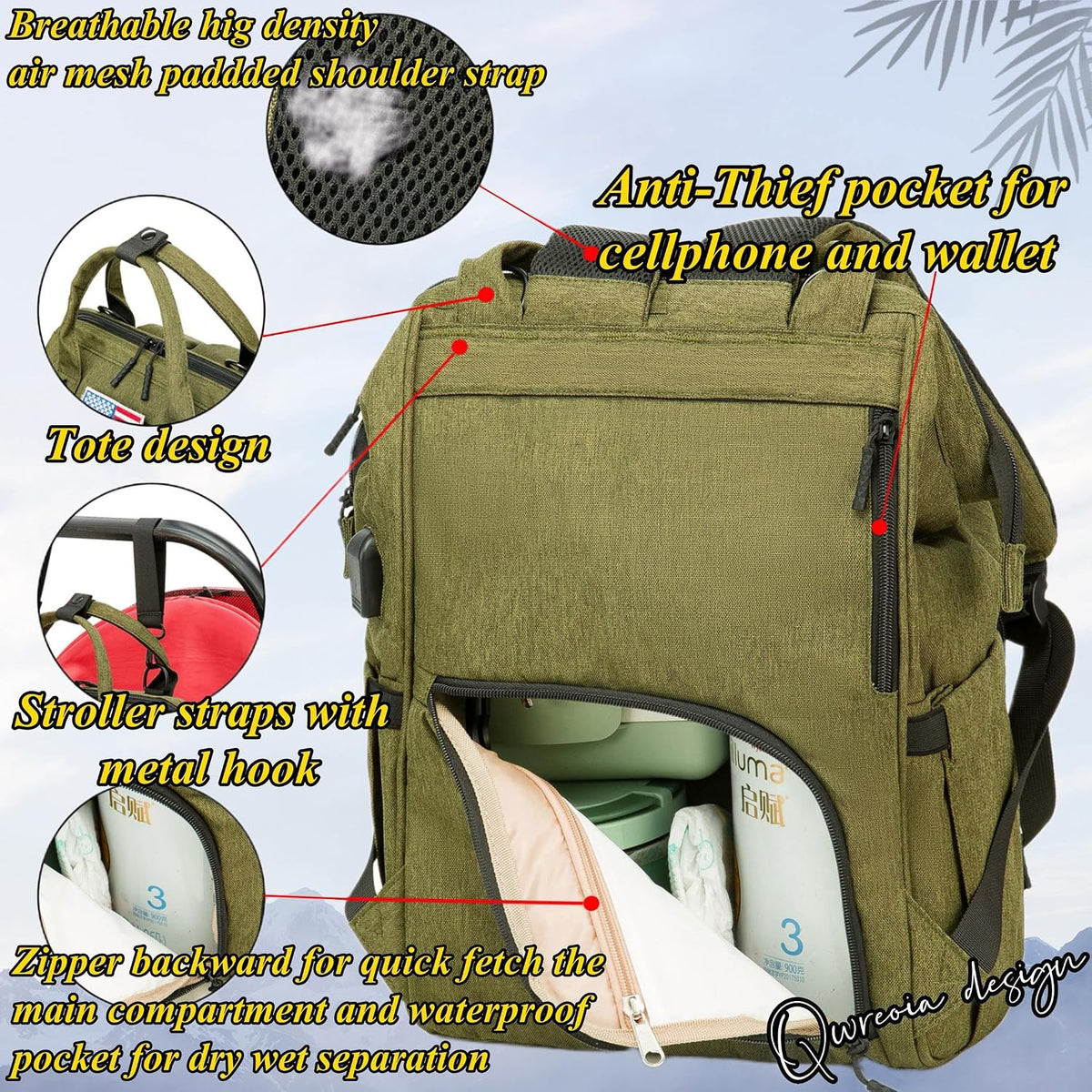 Diaper Bag Backpack for Dad and Mom with USB Charging Port Stroller Straps and Insulated Pocket,army military Travel Nappy Backpack for Daddy/Mommy (Black)