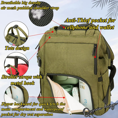 Diaper Bag Backpack for Dad and Mom with USB Charging Port Stroller Straps and Insulated Pocket,army military Travel Nappy Backpack for Daddy/Mommy (Black)