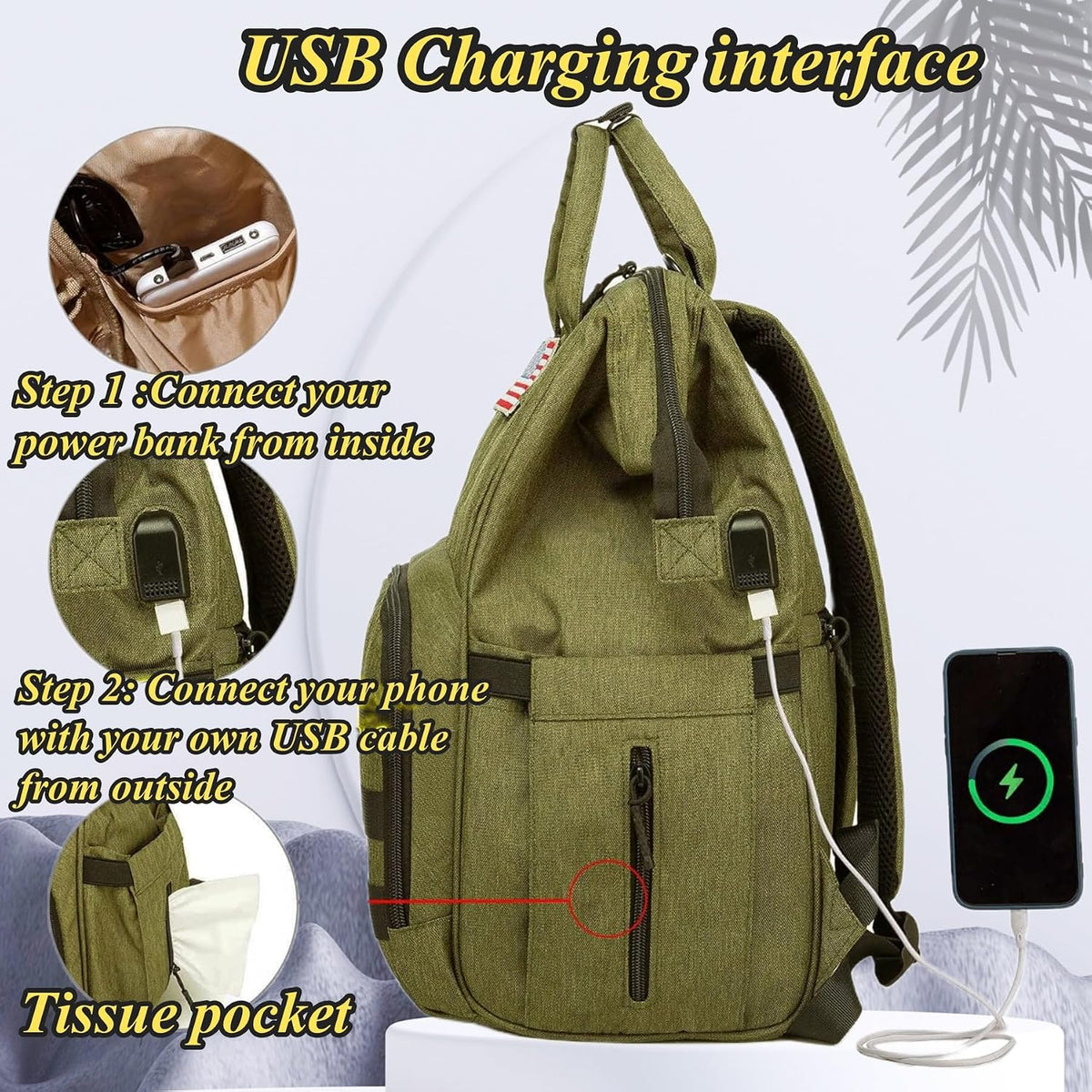 Diaper Bag Backpack for Dad and Mom with USB Charging Port Stroller Straps and Insulated Pocket,army military Travel Nappy Backpack for Daddy/Mommy (Black)