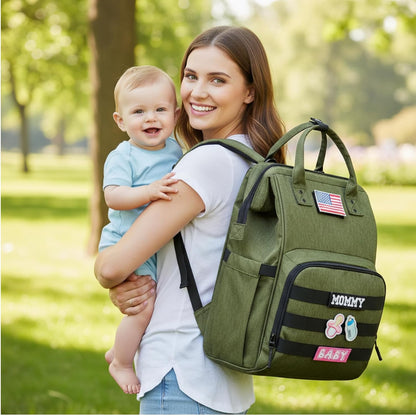Diaper Bag Backpack for Dad and Mom with USB Charging Port Stroller Straps and Insulated Pocket,army military Travel Nappy Backpack for Daddy/Mommy (Black)