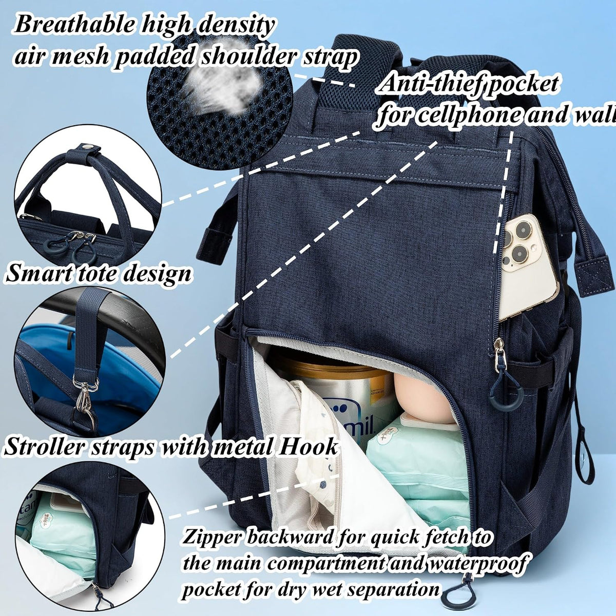 Diaper Bag Backpack for Dad and Mom with USB Charging Port Stroller Straps and Insulated Pocket,army military Travel Nappy Backpack for Daddy/Mommy (Black)