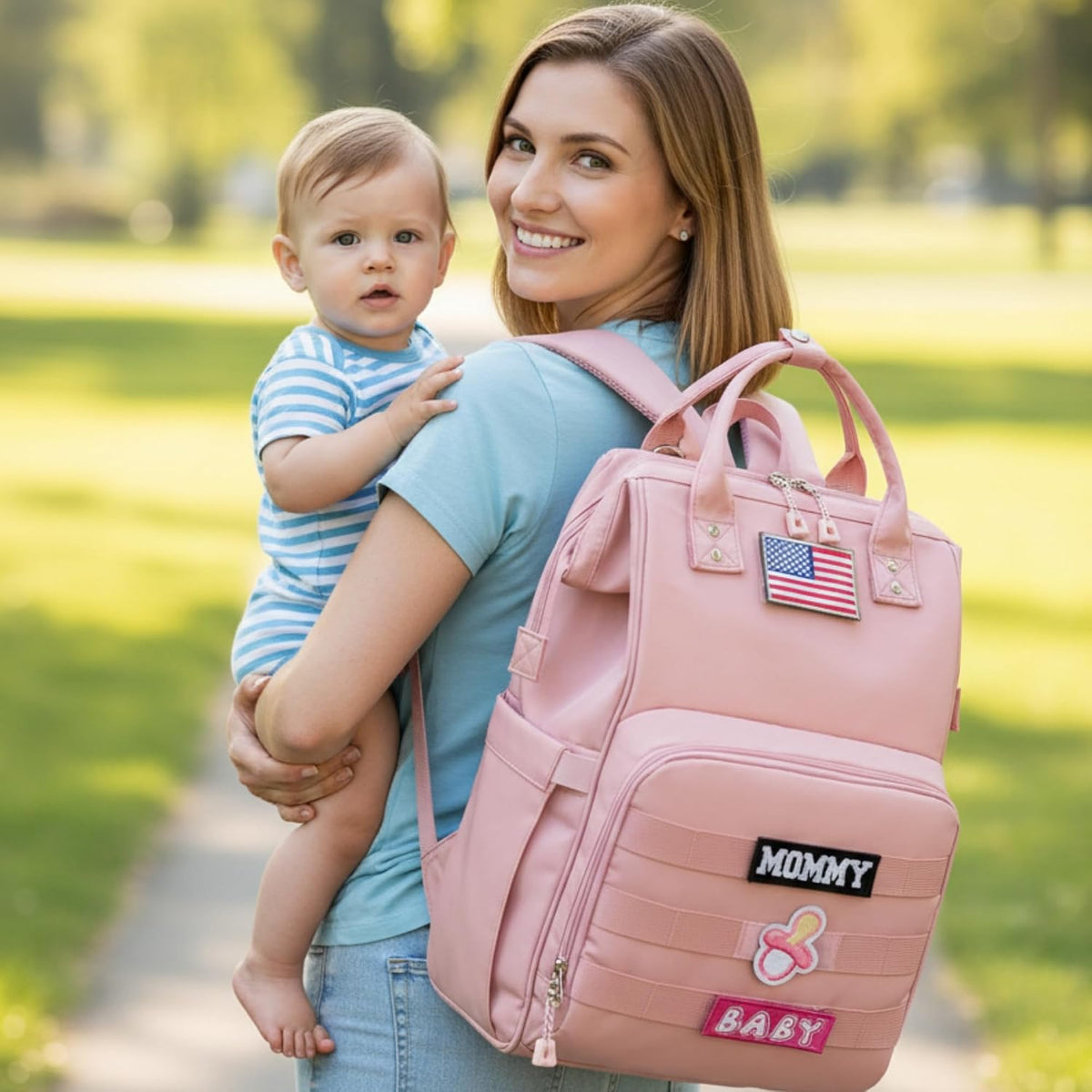 Diaper Bag Backpack for Dad and Mom with USB Charging Port Stroller Straps and Insulated Pocket,army military Travel Nappy Backpack for Daddy/Mommy (Black)