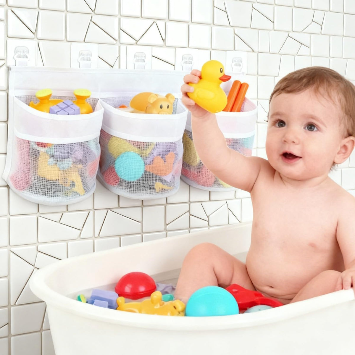 Bath Toy Storage Net - White, Wall-Mounted Fast-Draining Mesh Holder