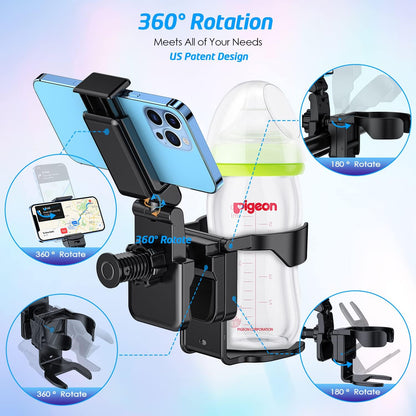 Stroller Cup Holder with Phone Stand Holder, 2-in-1 Universal Cup Phone Holder for Stroller, Wheelchair, Walker, (with New Phone Stand)