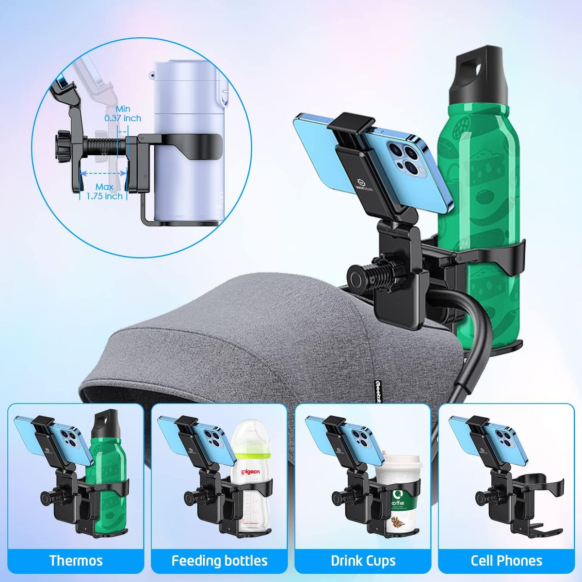 Stroller Cup Holder with Phone Stand Holder, 2-in-1 Universal Cup Phone Holder for Stroller, Wheelchair, Walker, (with New Phone Stand)
