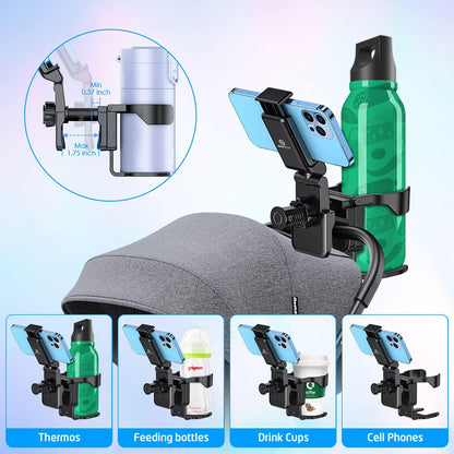 Stroller Cup Holder with Phone Stand Holder, 2-in-1 Universal Cup Phone Holder for Stroller, Wheelchair, Walker, (with New Phone Stand)