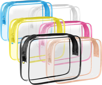 6 Pack Toiletry Bag Makeup Bag Cosmetic Bag, TSA Approved Clear Travel Toiletry Bag wih Zippers, Quart Size Travel Makeup Cosmetic Bag for Women Men (Large-6 Color)