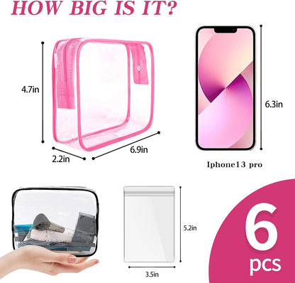 6 Pack Toiletry Bag Makeup Bag Cosmetic Bag, TSA Approved Clear Travel Toiletry Bag wih Zippers, Quart Size Travel Makeup Cosmetic Bag for Women Men (Large-6 Color)