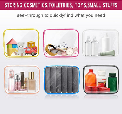 6 Pack Toiletry Bag Makeup Bag Cosmetic Bag, TSA Approved Clear Travel Toiletry Bag wih Zippers, Quart Size Travel Makeup Cosmetic Bag for Women Men (Large-6 Color)