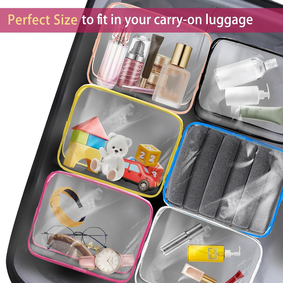 6 Pack Toiletry Bag Makeup Bag Cosmetic Bag, TSA Approved Clear Travel Toiletry Bag wih Zippers, Quart Size Travel Makeup Cosmetic Bag for Women Men (Large-6 Color)