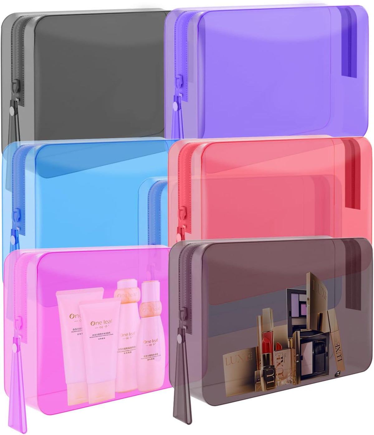 6 Pack Toiletry Bag Makeup Bag Cosmetic Bag, TSA Approved Clear Travel Toiletry Bag wih Zippers, Quart Size Travel Makeup Cosmetic Bag for Women Men (Large-6 Color)