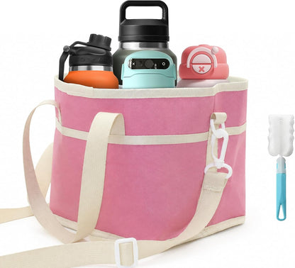 Pink 4 Compartment Drink Bag – Insulated Drink Carrier Bag with Adjustable Strap, Family Size Drink Holder Bag for Multiple Tumblers, Coffee, Travel, Picnics & Daily Outings (Includes Cup Brush)