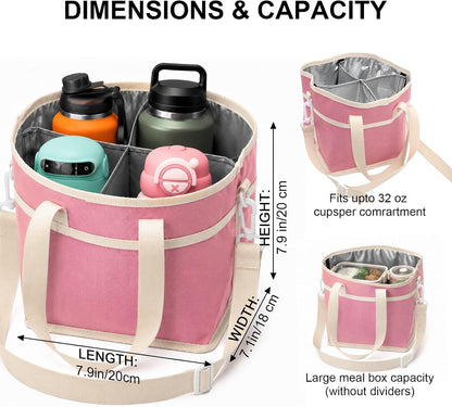 Pink 4 Compartment Drink Bag – Insulated Drink Carrier Bag with Adjustable Strap, Family Size Drink Holder Bag for Multiple Tumblers, Coffee, Travel, Picnics & Daily Outings (Includes Cup Brush)