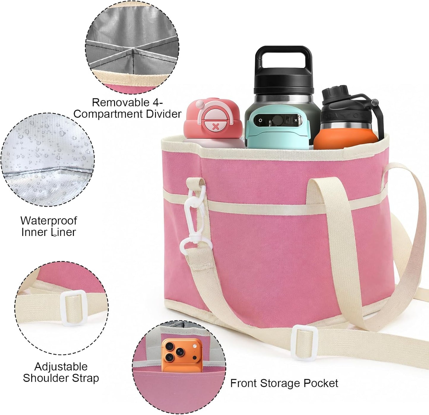 Pink 4 Compartment Drink Bag – Insulated Drink Carrier Bag with Adjustable Strap, Family Size Drink Holder Bag for Multiple Tumblers, Coffee, Travel, Picnics & Daily Outings (Includes Cup Brush)